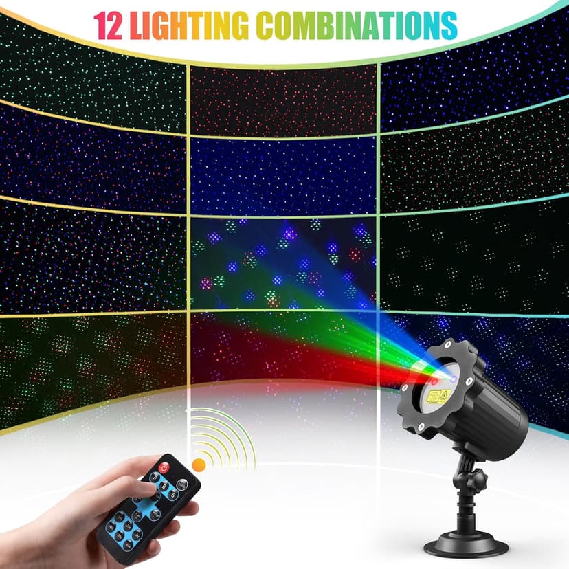 Waterproof Firefly Laser Projector Lights Outdoor,12 Effect Moving RGB Lights Show Laser Projection with RF Remote and Timer for Wedding Christmas Holiday Party Garden Landscape Decor