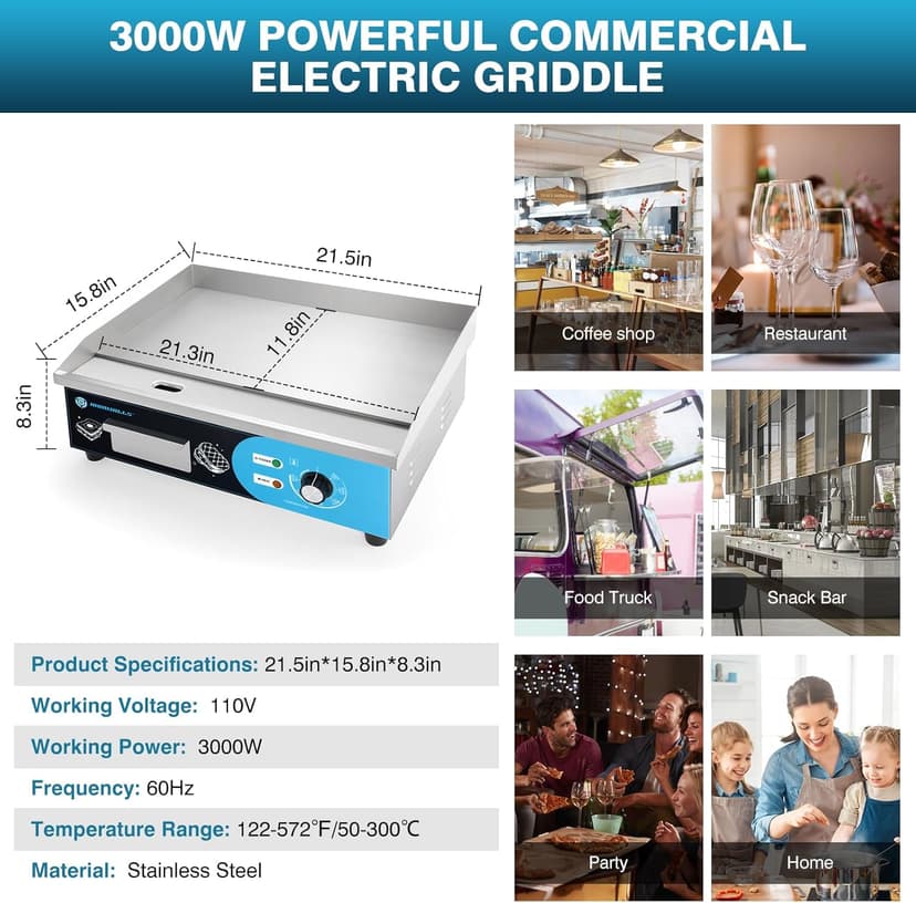 IRONWALLS Commercial Griddle Electric 22”, 3000W Electric Flat Top Grill, Stainless Steel Countertop Electric Griddle Nonstick with 122~572℉Adjustable Temperature Control for Restaurant Kitchen