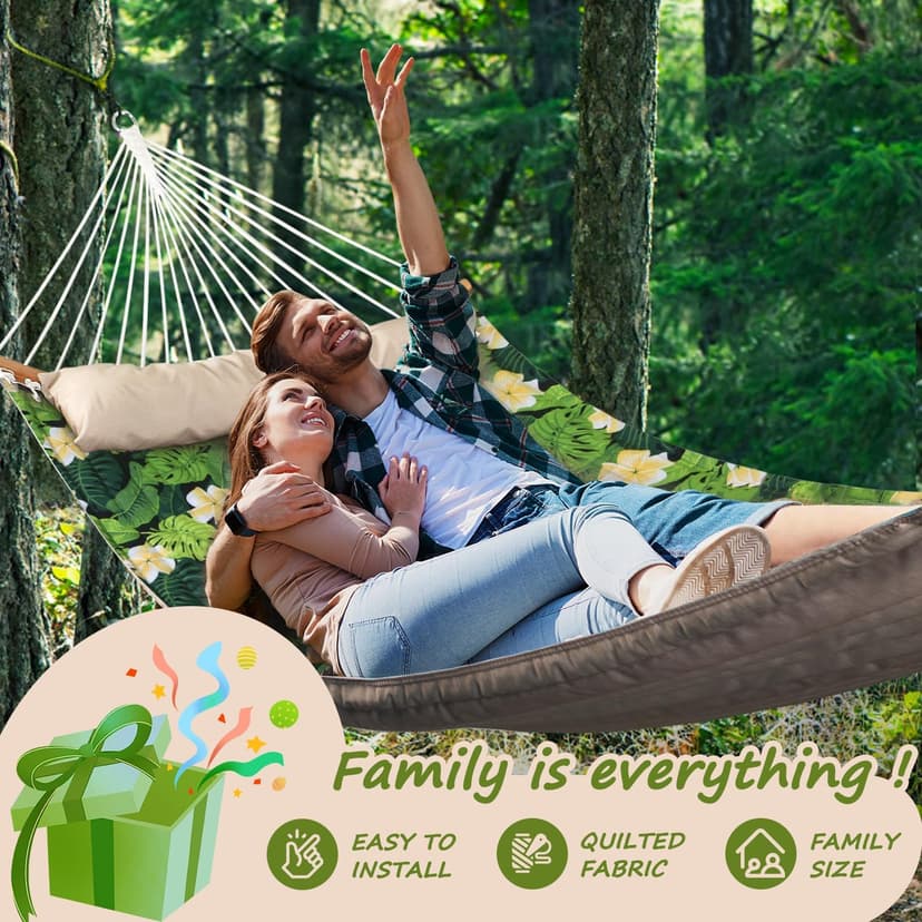 Double Hammock, 11 FT Quilted Fabric 2 Person Hammock for Outside with Pillow, Folding Curved Spreader Bar, Chains, Carrying Bag, Indoor Outdoor, 450 IB Capacity, GreenLeaves
