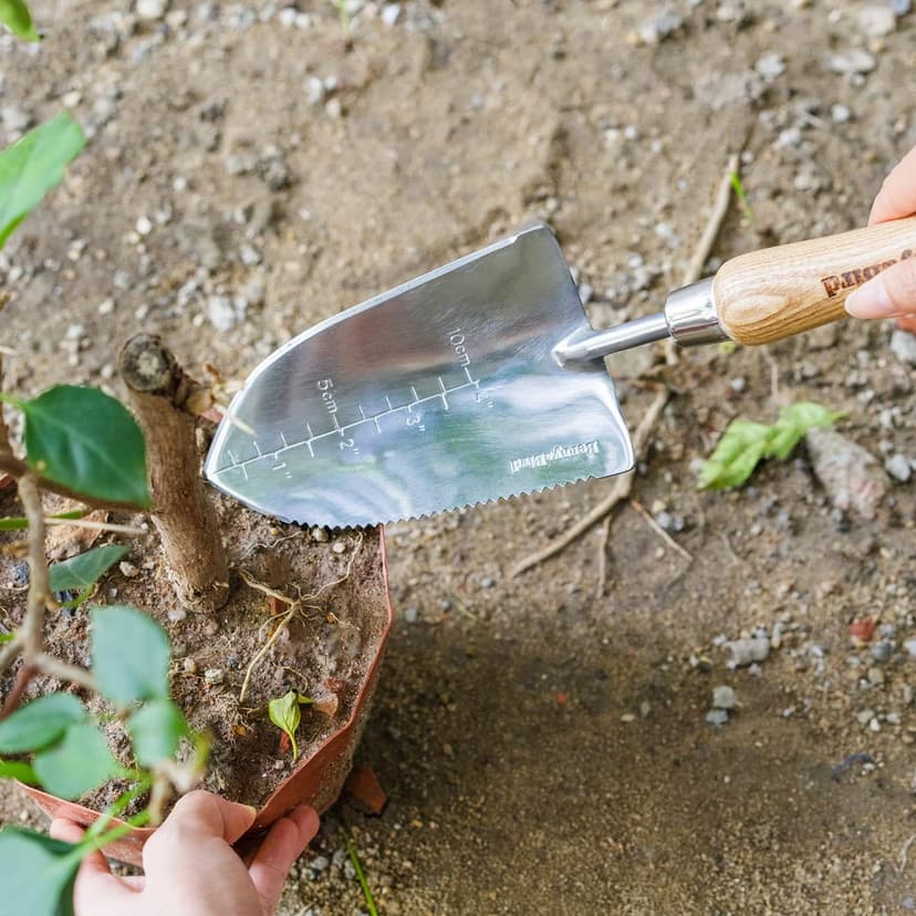 Garden Serrated Planting Trowel, Multifunctional Shovel with ash Wood and Stainless Steel Digging Trowel Transplanter