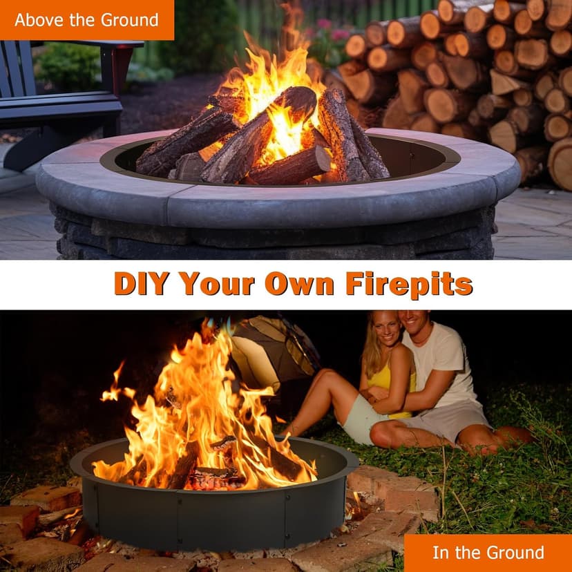 OUSHENG 36 Inch Round Fire Pit Ring Insert for Outside Wood Burning, 39 Inch Outer Large Solid Steel Firepit Liner for Above or In-Ground Outdoor DIY Camping Garden Patio Backyard