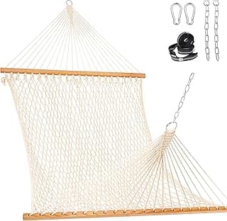 Lazy Daze Hammocks Double Rope Hammock, 2 Person Traditional Outdoor Hand Woven Cotton Rope Hammock with Spreader Bar, Chains, Tree Straps for Patio Yard - Max 450 Lbs, Natural
