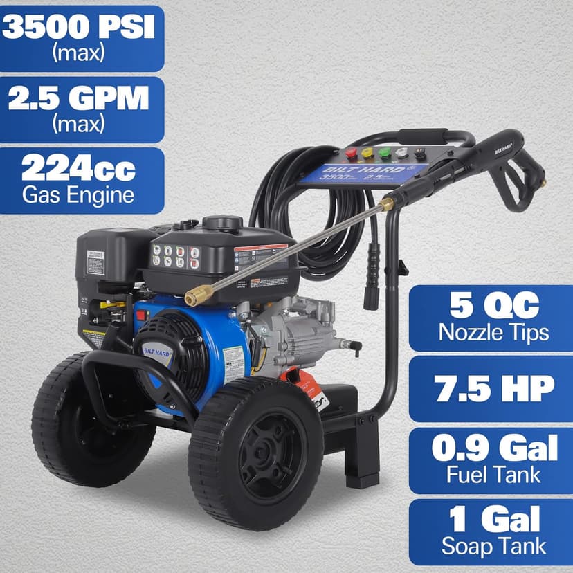 BILT HARD 3500 PSI 2.5 GPM Gas Pressure Washer, 224cc 4-Cycle Engine, Heavy Duty Gas Power Pressure Washer with Spray Gun and Wand, 5 Quick Connect Nozzle Tips, 3/5"×25' Hose, 49-State