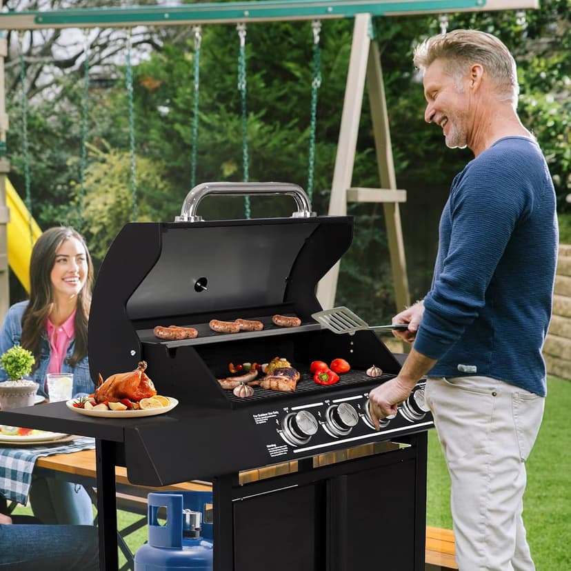 4-Burners Propane Gas Grill with Side Burner, 50,000 BTU Outdoor BBQ Grill, Cast Iron Cooking Grate with Wheels for Outdoor Patio Garden