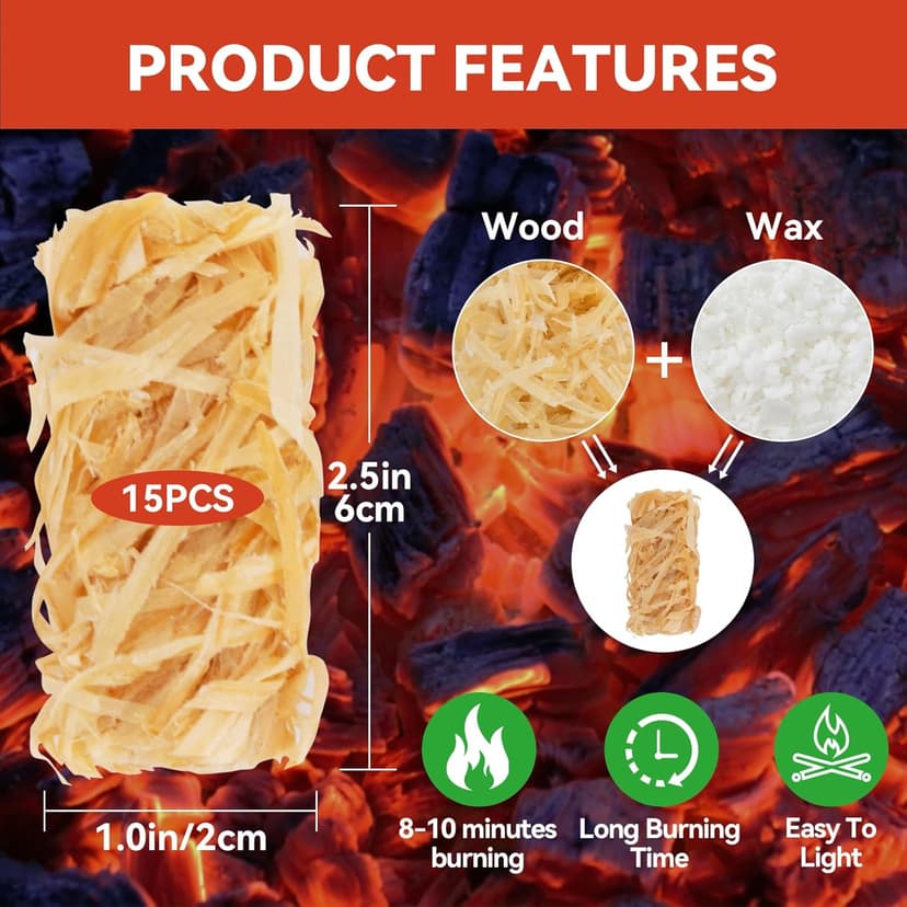15PCS Quick Ignite Fire Starter - Fire Starter Rolls for BBQ Fireplace, Charcoal Starter for Indoor and Outdoor Use, Easily Light, Wax Wood Roll for Campfire, Chimney, Grill, Camping, Survival
