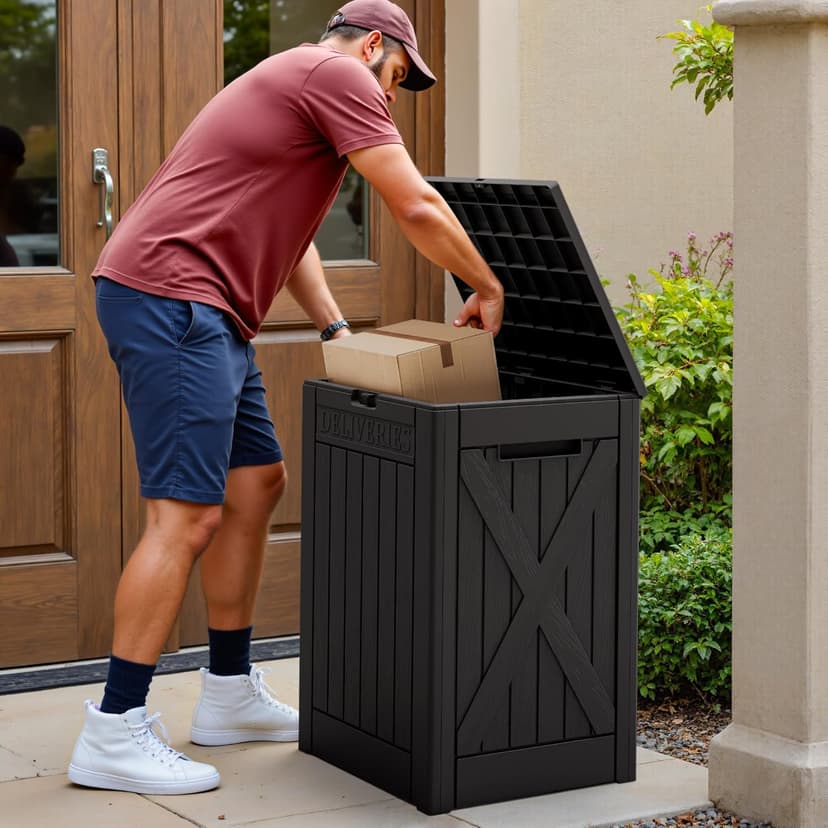 Devoko 48 Gallon Package Delivery Box Outdoor Secure Lockable, Waterproof Deck Box PP Material Storage Container for Porch, Deck (Black, 48 Gallon)