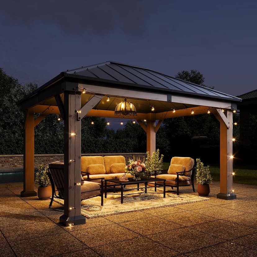 Aoxun 10' x 12' Outdoor Wood Gazebo, Hardtop Gazebo Permanent Wooden Pavilion with Galvanized Steel Roof, for Patio, Garden, Deck, Cedar Wood