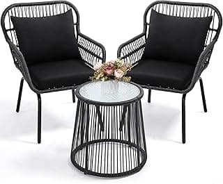 3 Piece Rattan Wicker Bistro Set, Outdoor Conversation Furniture Set with Glass Top Table, Space Saving for Balcony, Backyard, Black