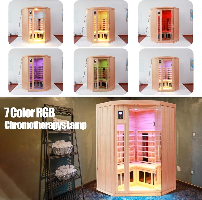 Ceramic Infrared Sauna 2-3 Person Far Infrared Saunas for Home Low EMF Indoor Home Sauna Hemlock Wooden Corner Sauna Room w/Bluetooth Speaker, LED Reading Lamp, Chromotherapy Light
