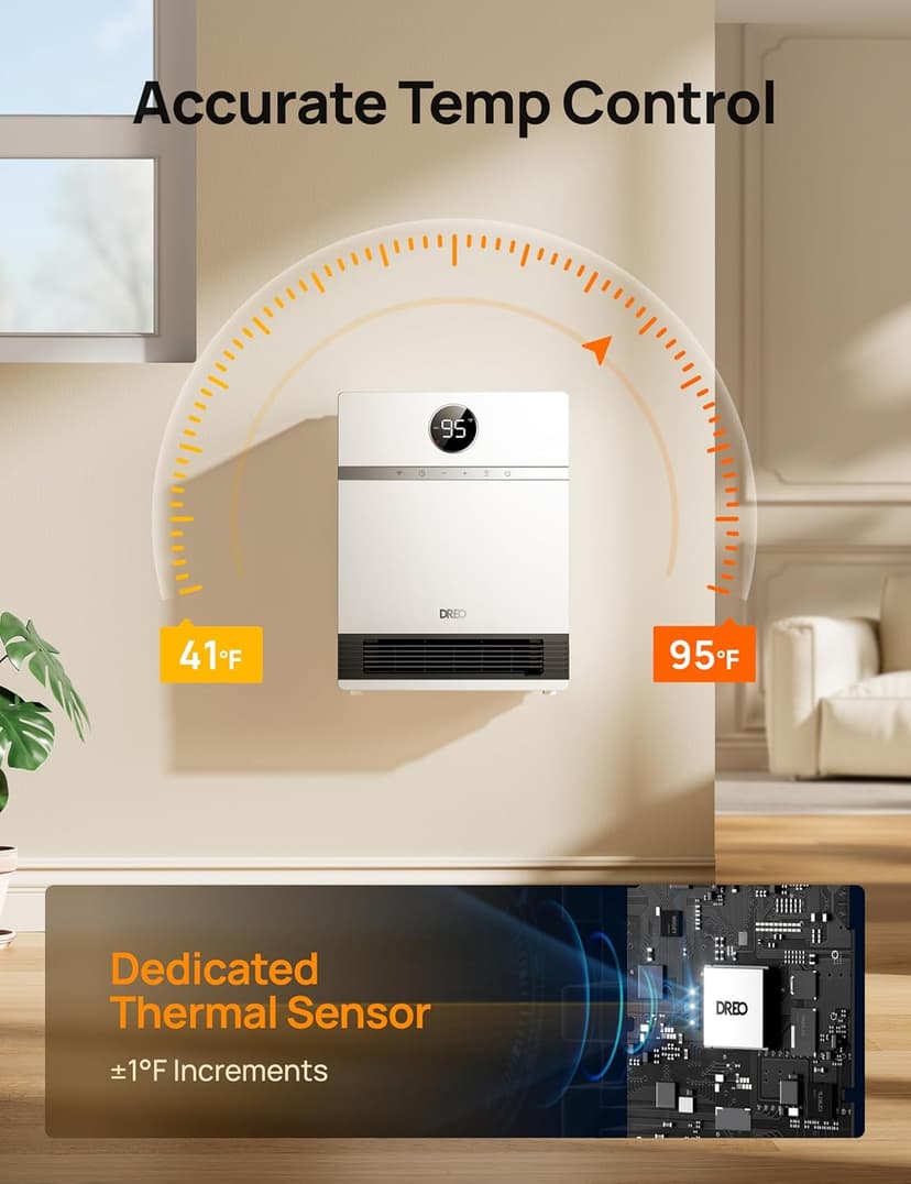 Dreo Smart Wall Heater, IP24 Electric PTC Space for Indoor Use, 30 Oscillation, Adjustable Thermostat, Remote Control, Works With Alexa, 24H Timer, Easy-Mounted for Bedroom, Office