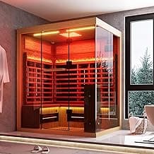 Full Spectrum Infrared Sauna，3-4 Person Home Sauna，Wooden Canadian Hemlock Luxury Indoor Spa Sauna with Resonance Speaker, Panoramic Tempered Glass Door