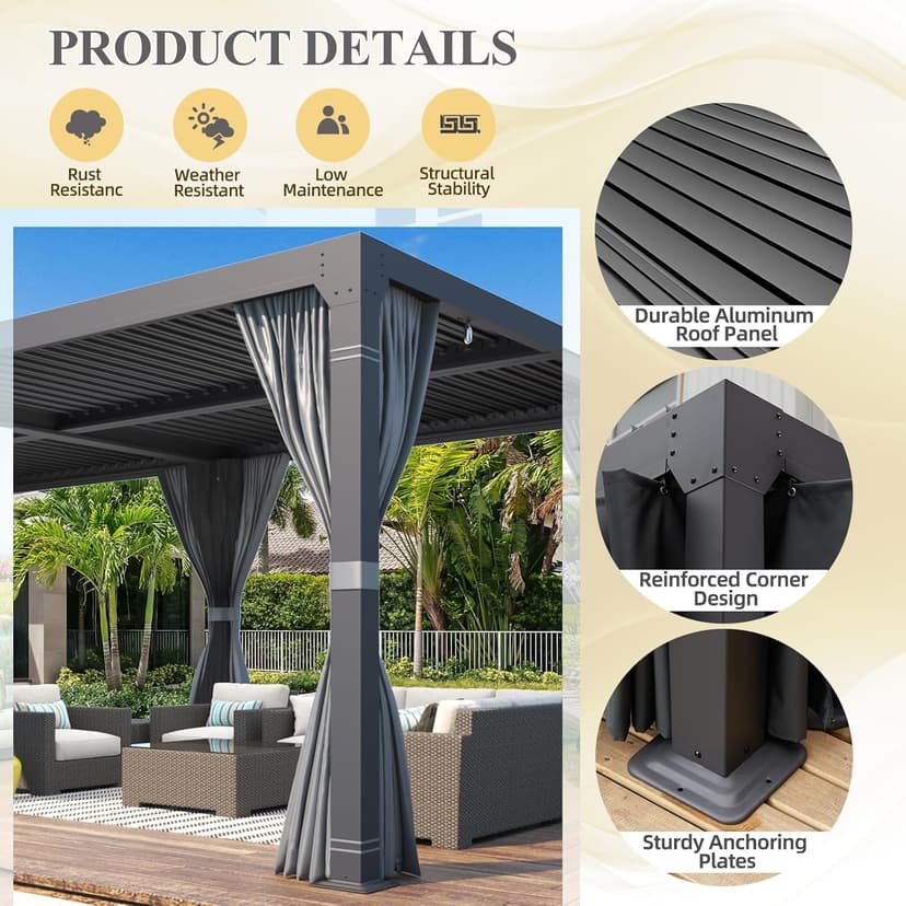 MELLCOM Louvered Pergola 12x24, Aluminum With Adjustable Roof, Outdoor With Waterproof Curtains and Nets, Dark Grey