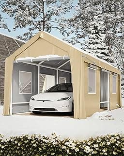 10'x20' Windproof Carport Heavy Duty, Portable Garage with 4 Roll-Up Doors, 4 Mesh Windows, 180g PE Top Cover, and Reinforced Frames, for Full-Size Sedans, Bass Boats, and SUVs, Khaki