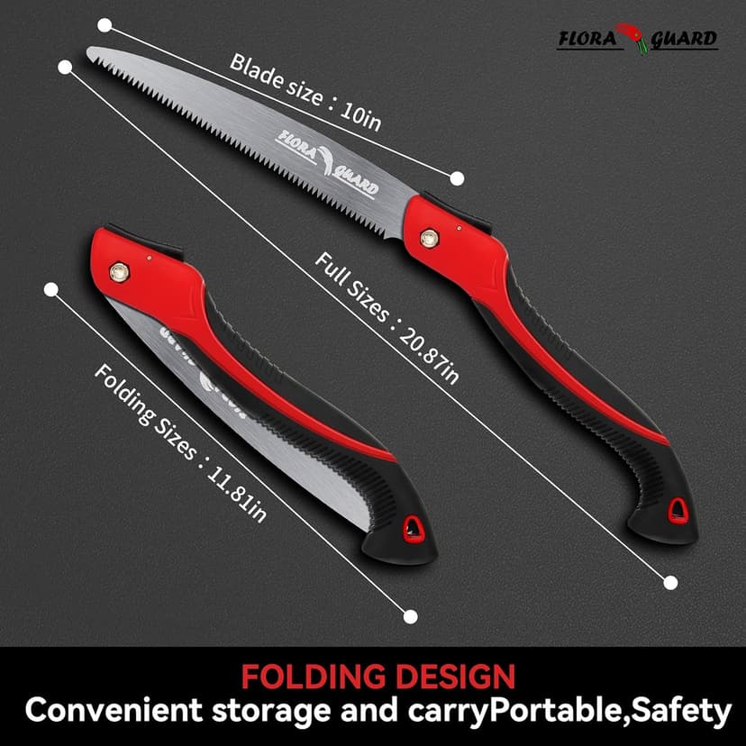 FLORA GUARD 10-Inch Folding Hand Saw, Heavy Duty Pruning Saw with Multi-Level Razer Teeth for Wood Cutting, Tree Trimming, Professional Camping Gardening Tools (Red-10")