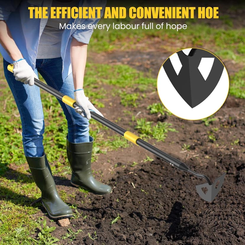 Hoe Garden Tools, 41.3 to 55.5 Inch Weeder Tool for Yard Long Handle, Garden Weeding Tool with Sharp Hoe and Comfort Grip for Loosening Soil, Weeding, Digging Trenches Gardening Tools