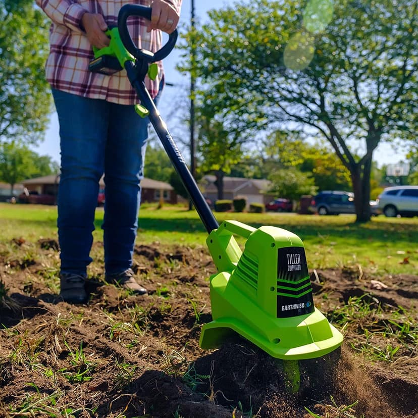 Earthwise Power Tools by ALM TC70020IT 20-Volt 7.5-Inch Cordless Electric Garden Tiller Cultivator, (2AH Battery & Fast Charger Included), Green