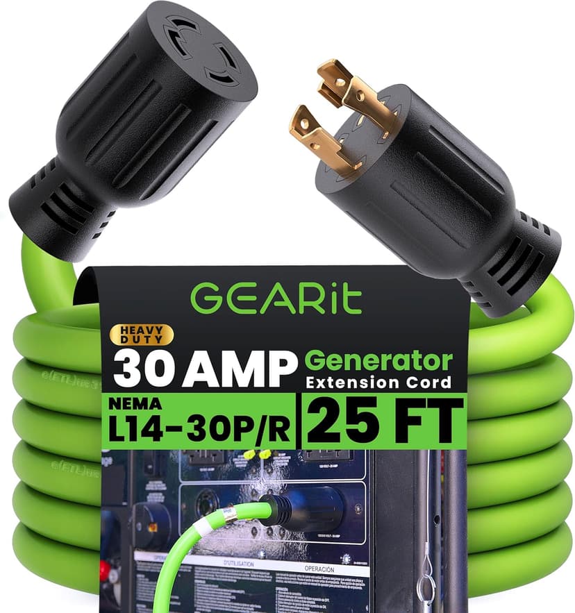 GEARit 30-Amp Generator Extension Cord (25 Feet) 4-Prong 120/250-Volt 7500W, NEMA L14-30P/L L14-30R, 10 Gauge SJTW Locking Power Cord for Manual Transfer Switch, Portable Generators, Power Outage 25ft