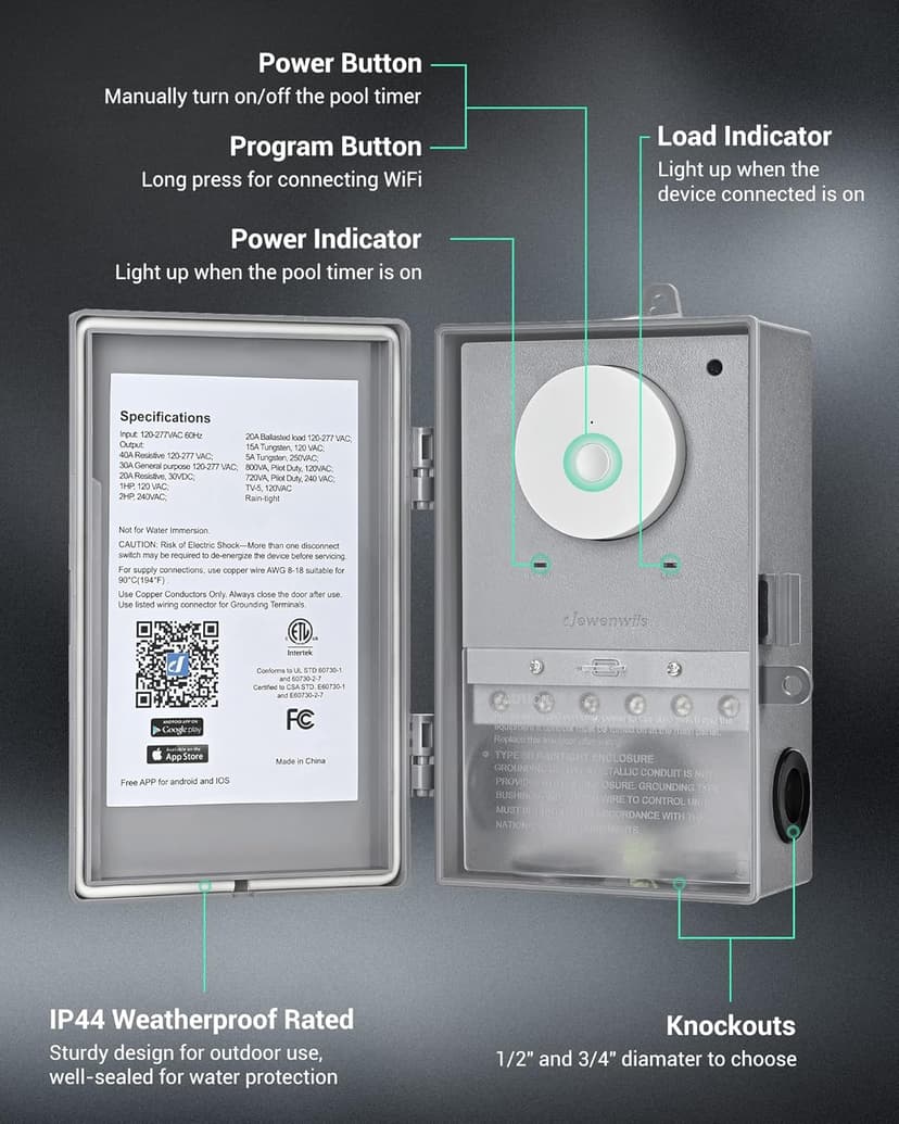 DEWENWILS WiFi Pool Pump Controller, Heavy Duty 40A 120-277 VAC 2HP Wireless Timer for Pool & Water Heater, Works with Alexa, Google Assistant, Smart Life, ETL Listed