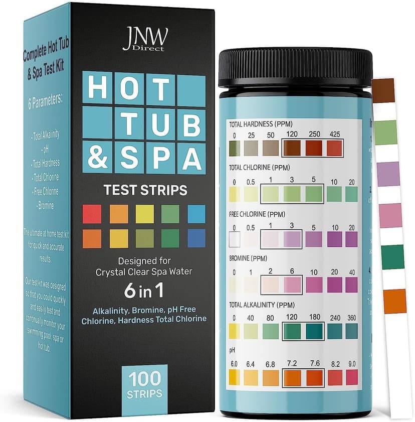 Hot Tub and Pool Test Strips - 6in1 Quick & Accurate Hot Tub, Spa, Pool Test Strips - 100 Water Test Strips, Water Test Kit with E-Book - Test Chlorine, Bromine, pH, Hardness, Alkalinity - JNW Direct