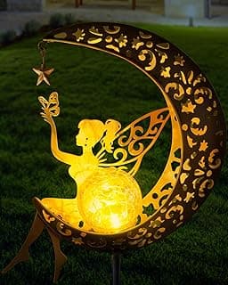 Solar Garden Statues Outdoor Decor, Fairy Moon Figurine Light Stake, Housewarming Ornament for Patio, Lawn, Yard, Pathway - Unique Gift Ideas for Gardening Mom Grandma