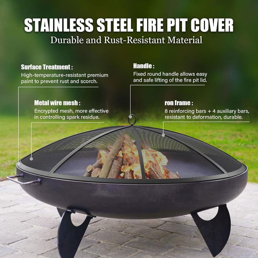 Fire Pit Spark Screen, 24Inch Fire Pit Lid Outdoor with Handle & Poker, Heavy-Duty Mesh Firepit Cove with 12 Reinforced Bars for Backyard/Beach/RV Camping