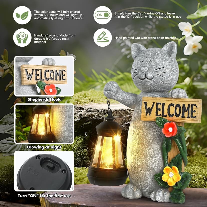 Solar Cat Statue Outdoor Decor-9.4" Welcome Garden Sculpture with Solar Lantern &3D Flowers,Weatherproof Resin Yard Art for Patio, Lawn,Yard Outside,Birthday Gifts for Mom,Grandma,Cat Lovers