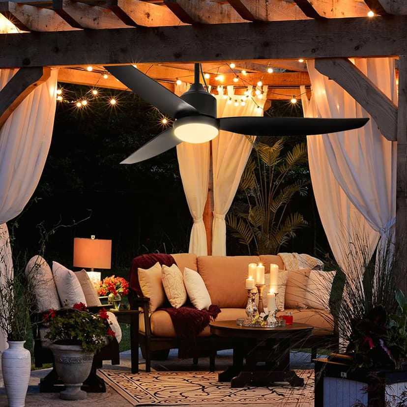 Depuley Outdoor Ceiling Fan with Light: 52 Inch Gazebo Fan Outdoor Hanging - Plug in Ceiling Fan for Patio Waterproof - Dimmable Ceiling Fan Remote App Control Black