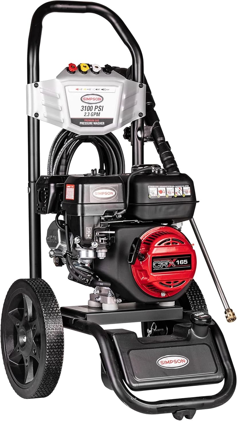 SIMPSON Cleaning MS61222-S MegaShot 3100 PSI Gas Pressure Washer, 2.3 GPM, CRX165 Engine, Includes Spray Gun, Extension Wand, On-Board Soap Tank, 4 QC Nozzles, 25-ft. Hyflex Hose, 49-State