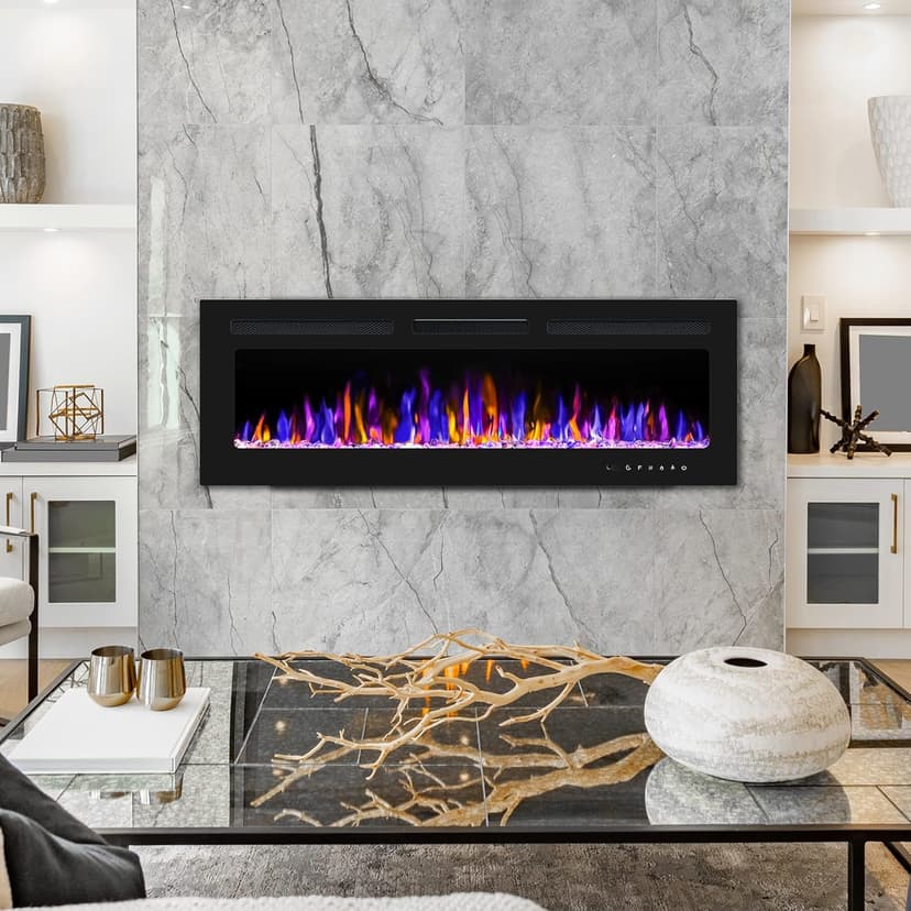 50" Electric Fireplace Wall Mounted and Recessed with Remote Control, 750/1500W Ultra-Thin Wall Fireplace Heater W/Timer Adjustable Flame Color and Brightness, Log Set & Crystal Options