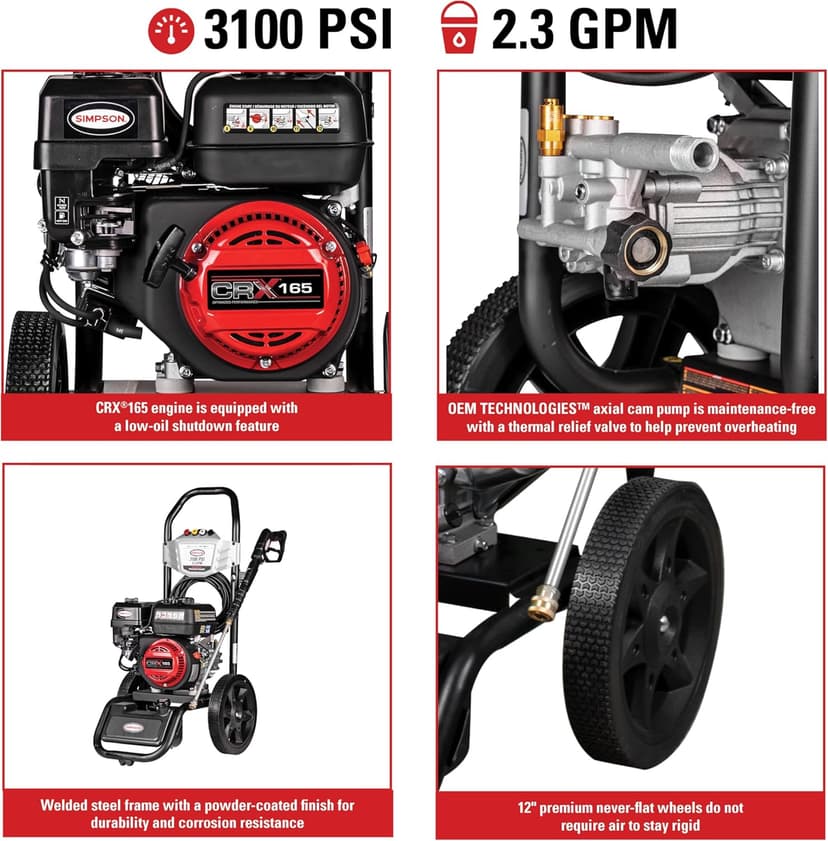 SIMPSON Cleaning MS61222-S MegaShot 3100 PSI Gas Pressure Washer, 2.3 GPM, CRX165 Engine, Includes Spray Gun, Extension Wand, On-Board Soap Tank, 4 QC Nozzles, 25-ft. Hyflex Hose, 49-State