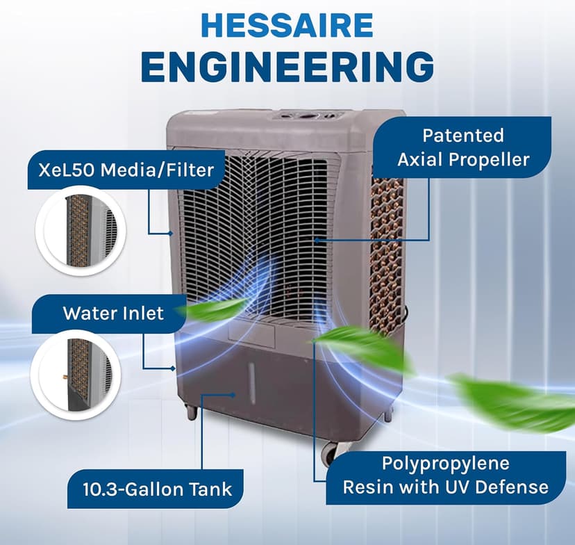 Hessaire MC37M Portable Evaporative Cooling Fan, Indoor/Outdoor High Temp Low Humidity Environments, 3100 CFM, 950 sq. ft., 3-Speed Fan, 59 dB, Gray