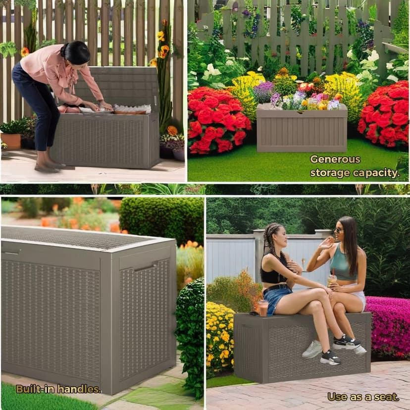 100 Gallon Lockable Resin Deck Box, Waterproof & UV-Resistant Outdoor Storage Box for Cushion Storage and Outdoor Delivery Storage,Coffee