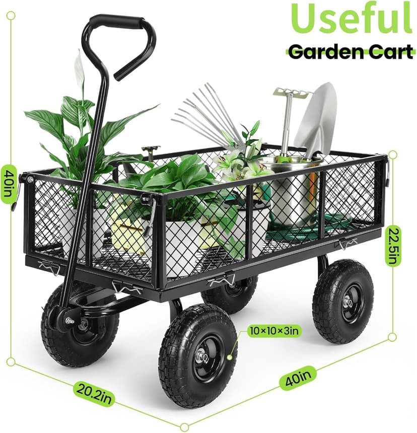 Homdox Steel Garden Cart 680 lbs Capacity Heavy Duty Garden Wagons,with Removable Steel Mesh Sides to Convert into Flatbed,Utility Metal Wagon w/ 180°Rotating Handle (Black, 680lbs)