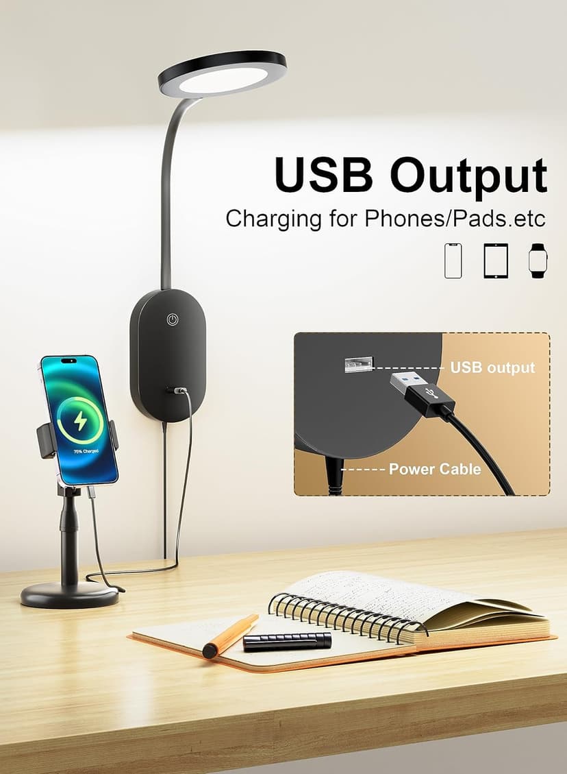 deeloop LED Wall Mounted Reading Light for Bed, Book Light for Wall Bedside Lamp with USB Output, 4 Hour Auto-Off Timer Lights，Eye-Caring Reading Lamp with 5 Dimmable 360° Gooseneck Headboard Light