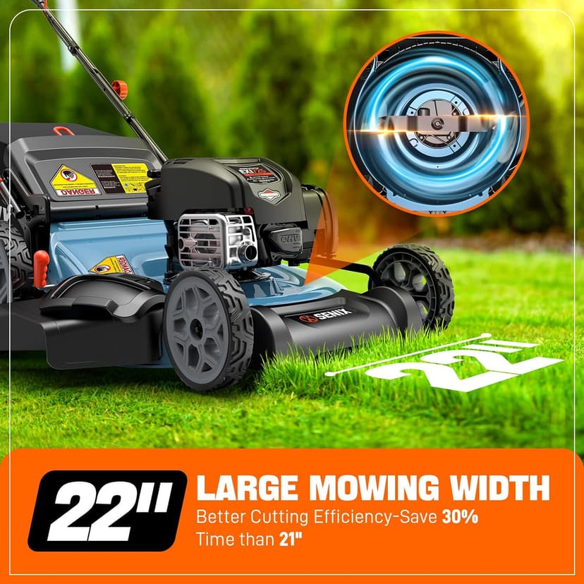 SENIX LSSG-H2 22-Inch Self Propelled Gas Lawn Mower with 163 cc 4-Cycle Engine, 3-in-1 Rear Wheel Drive Variable Speed Lawnmower, 6-Position Height Adjustment with 11-Inch Rear Wheels