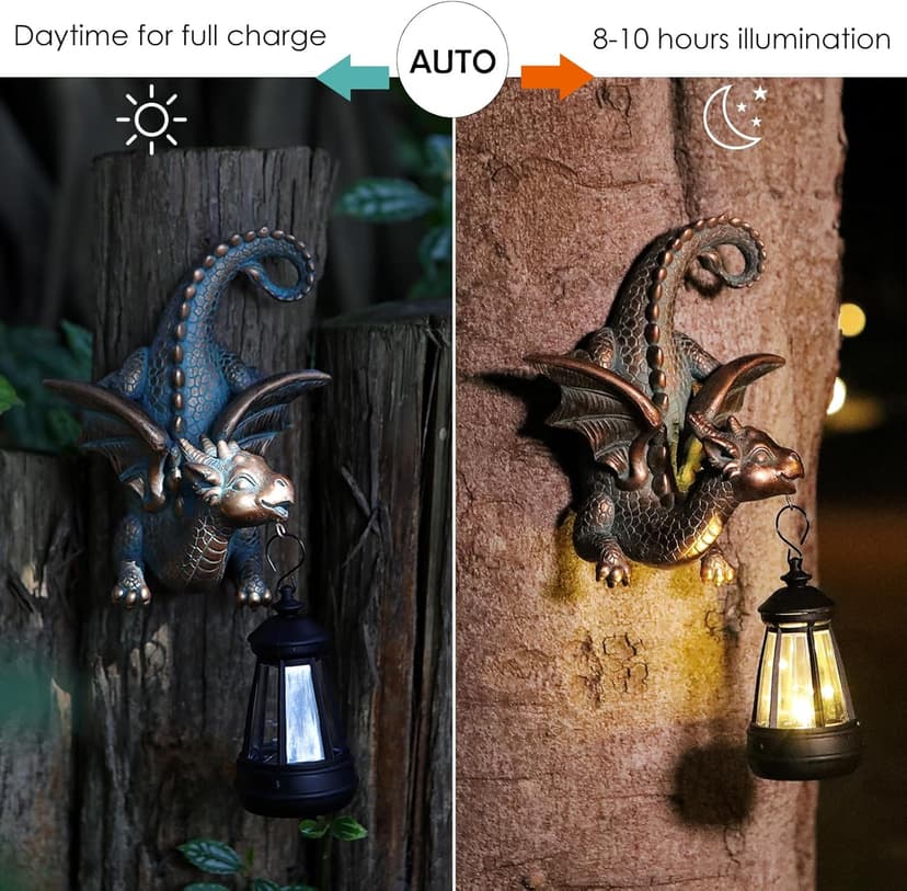 Dragon Solar Garden Statue - Gothic Outdoor Wall Hanging Decor with Solar Light, Fantasy Dragon Figurine for Patio, Yard, or Tree - Unique Whimsical Gift for Adults, Men & Women
