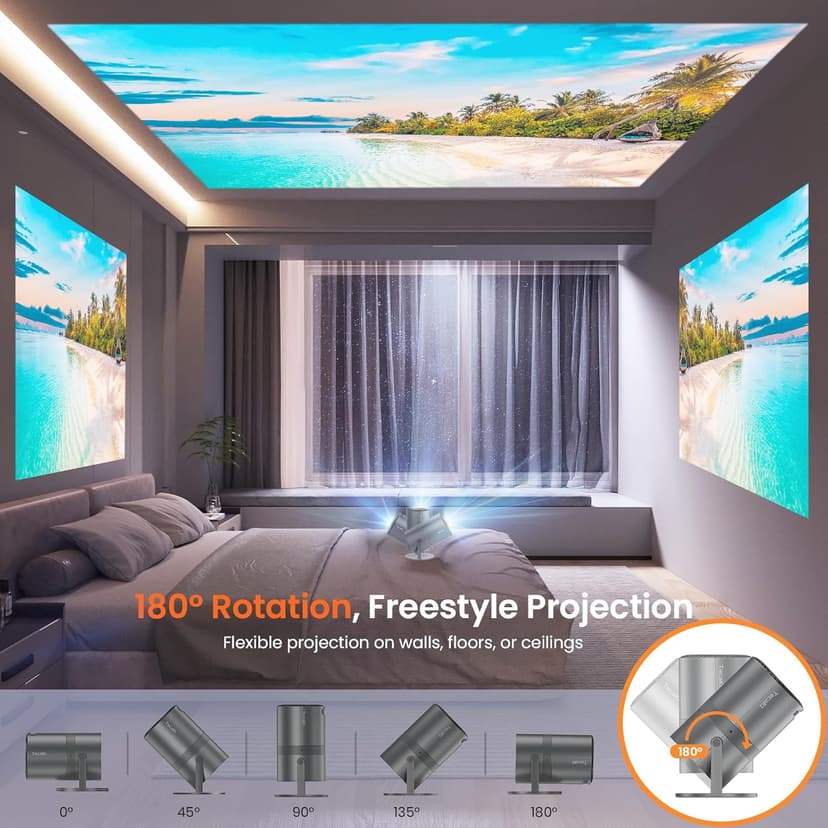 [Two-Way Bluetooth 5.2] Mini Portable Projector 4K 1080P Supported Projection, Tecaki Movie Projector with 180°Rotatable Stand Auto Keystone Correction Long Lens Life for Home Theater, Outdoor Party