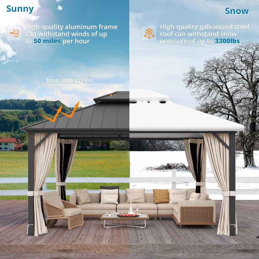 LUE BONA 12'x14' Hardtop Gazebos, Aluminum Frame Permanent Pavilion with Curtains and Netting, Double Galvanized Steel Roof Gazebo Outdoor, Metal Gazebo Canopy for Garden, Lawns, Patio, Black
