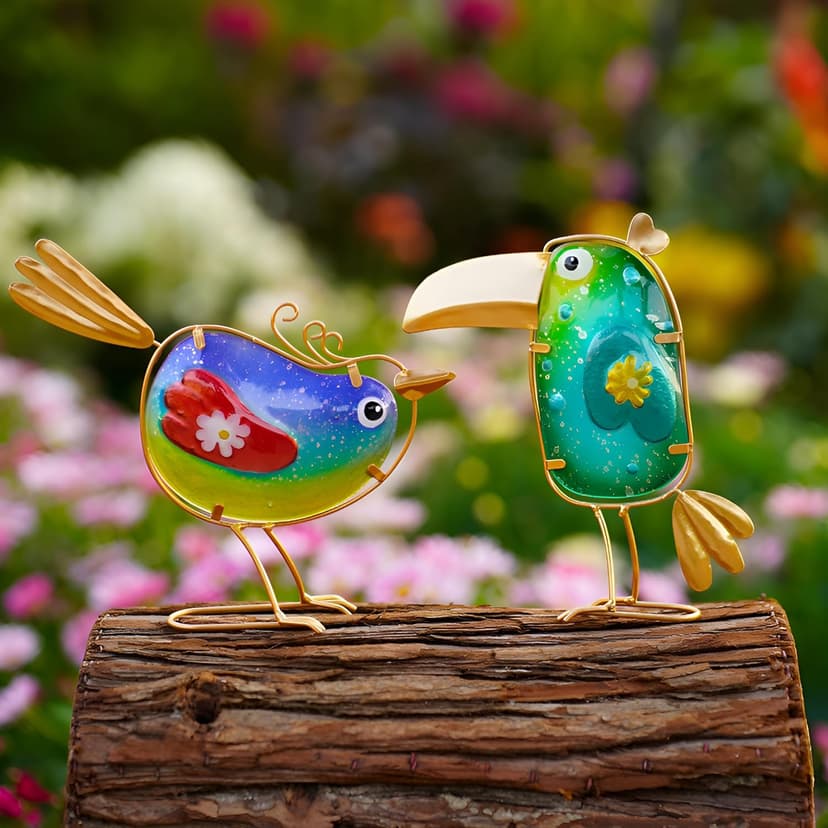 Funny Metal & Glass Bird Decor Set of 3 - Unique Colorful Indoor & Outdoor Garden Statues Whimsical Lawn Decorations Handmade Bird Sculptures Garden Decor for Outside