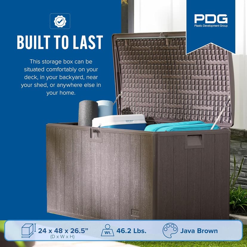 Plastic Development Group Outdoor Storage Deck Box, Soft Closure, 105 Gallon, Java