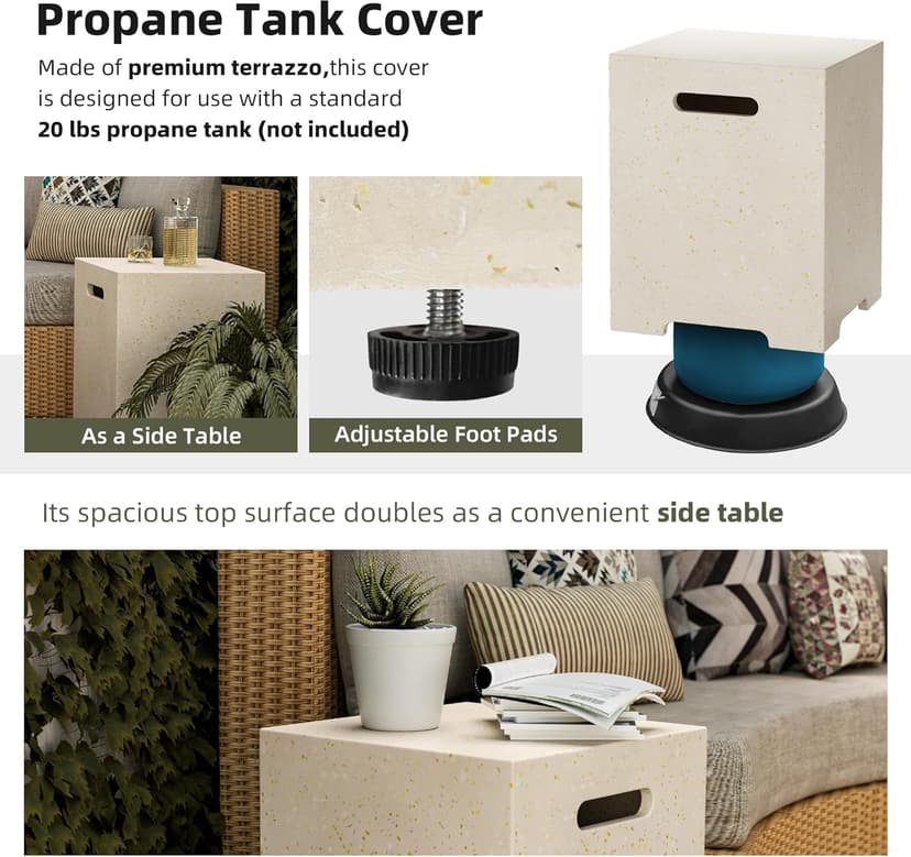 UPHA 42-inch Outdoor Propane Gas Fire Pit Table 50000 BTU Concrete Rectangle FirePit for Outside Patio with Propane Tank Cover, Wind Guad, White Glass Rocks, Rain Cover,Beige
