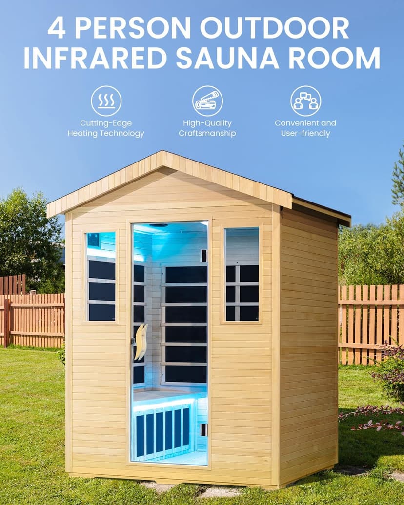 3300W 30A 110V Outdoor Wooden Low EMF Far Infrared Sauna with Bluetooth Speakers, LED Lamp, LCD Control Panel, Tempered Glass Door, 7 Colors Lighting 4 Person, 84.24"x66.6"x51.24"
