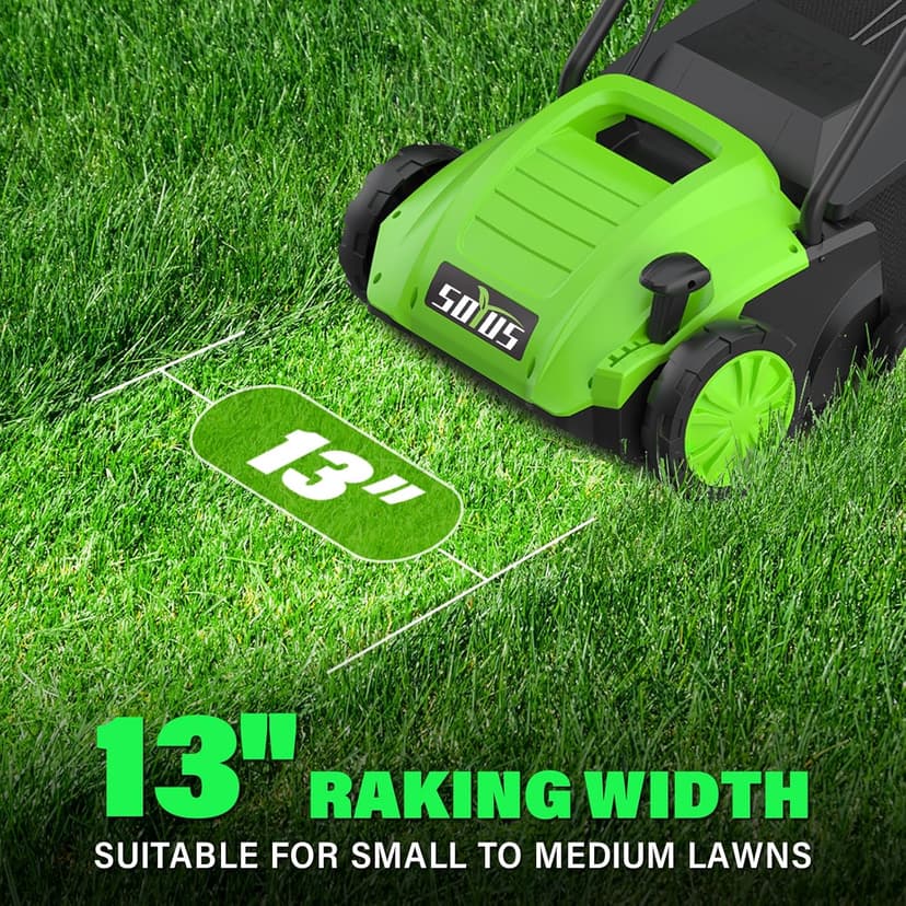 SOYUS Electric Dethatcher and Scarifier with 30L Collection Bag, 13-Inch 12 Amp 2-in-1 Corded Lawn Dethatcher with 4-Postion Depth Adjustment, Quick-Fold, Increases Lawn Health
