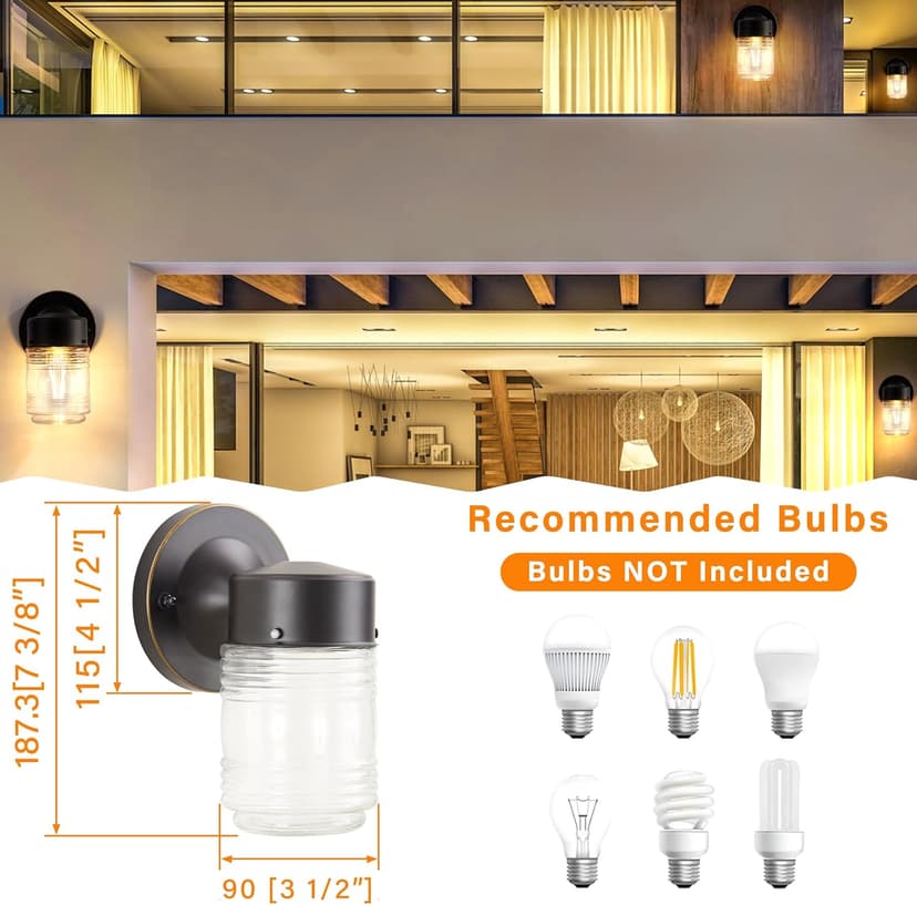 2 Pack Outdoor Wall Lantern, Exterior Waterproof Wall Sconce Light Fixtures, Black Front Door Lighting with Clear Glass Shade, Anti-Rust E26 Socket Porch Lights for Entryway