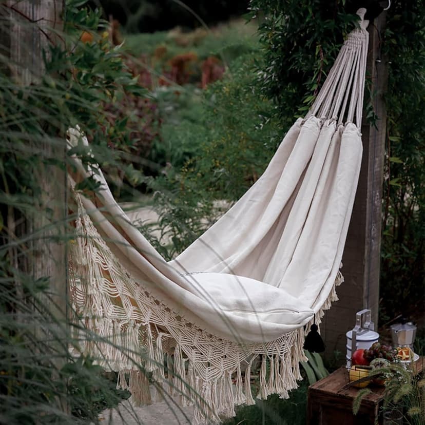 Xuanmuque Double Sized Boho Macrame Cream Hammock with Elegant Tassels and Fishtail Knitting 485Lbs Includes Tie Ropes and White Drawstring Bag for Women