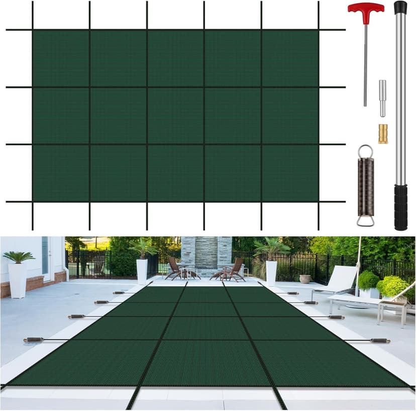 Inground Pool Cover Safety Fits 15x30ft Rectangle Swimming Pool, Mesh Solid Pool Cover for Inground Pools,Winter Pool Safety Cover Includes Safety Net and Installation Tools Green