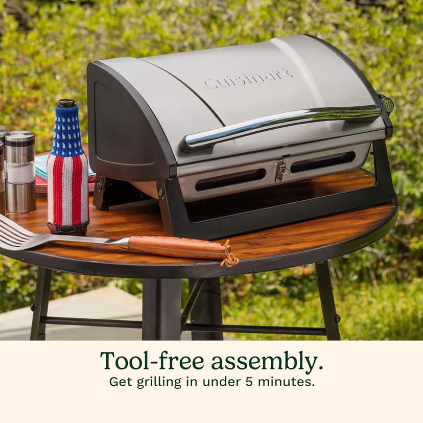 Cuisinart Grillster Portable Gas Grill, Stainless Steel Compact BBQ Grill with Locking Lid for Easy Transport, 8000 BTU Propane Grill with Dishwasher Safe Cooking Grate, Small Grill for Camping & BBQ
