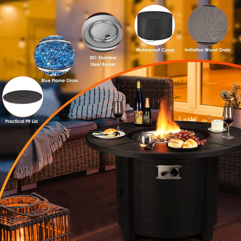 TLGREEN Propane Fire Pit Table 42in, 50,000 BTU Auto-Ignition Round Gas Fire Pits for Outside Patio, Fire Table with Waterproof Cover, Blue Stone and Lid, CSA Certification