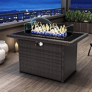 44 Inch Propane Gas Fire Pits Table for Outside Patio, 60000 BTU Rectangular Outdoor Wicker Rattan Fire Pit with Glass Wind Guard