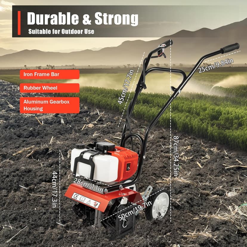 Garden Tiller Cultivator,52CC 2-Stroke Gas Powered Engine Rototiller Garden Tool with Widened Mud Flap Cordless with Long Handle Strong Power Garden Cultivator for Plowing Turning Soil Ditching